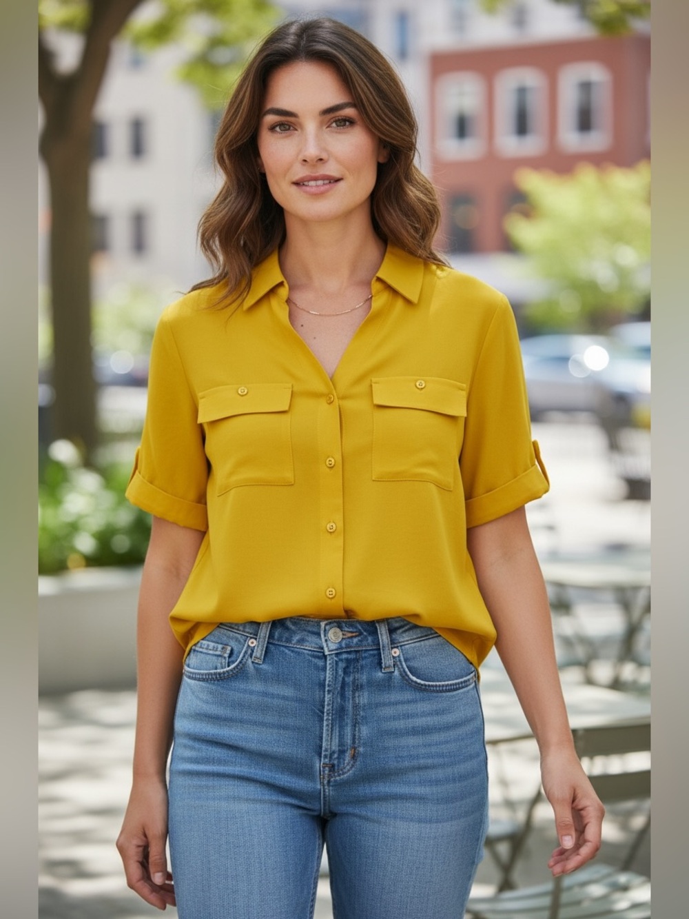 Bali Yellow Button-Front Short Sleeve Blouse